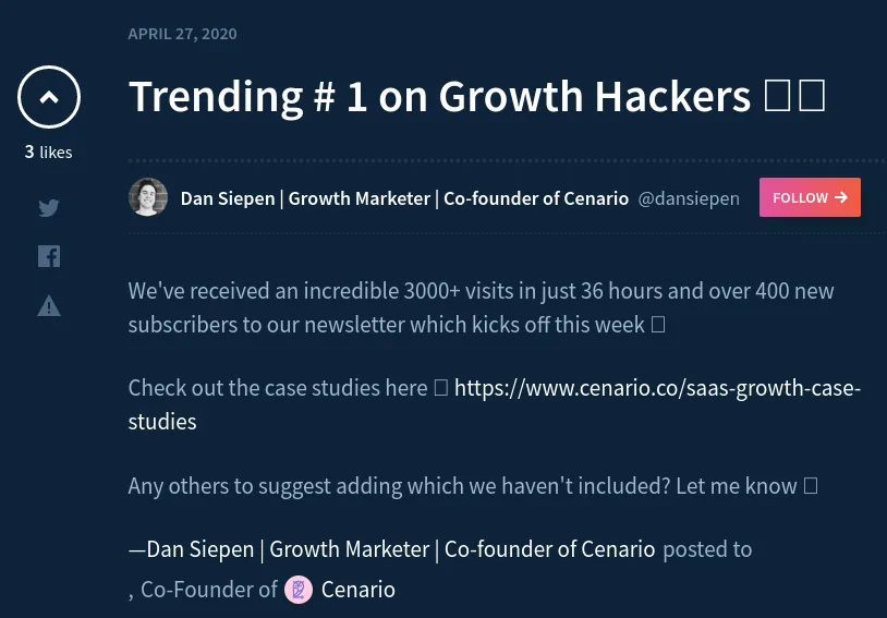 Dan Siepen's Indie Hackers follow-up reporting campaign results