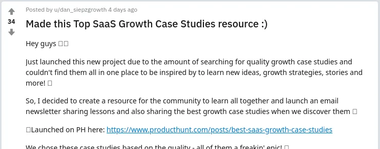 Reddit post promoting the SaaS case studies article