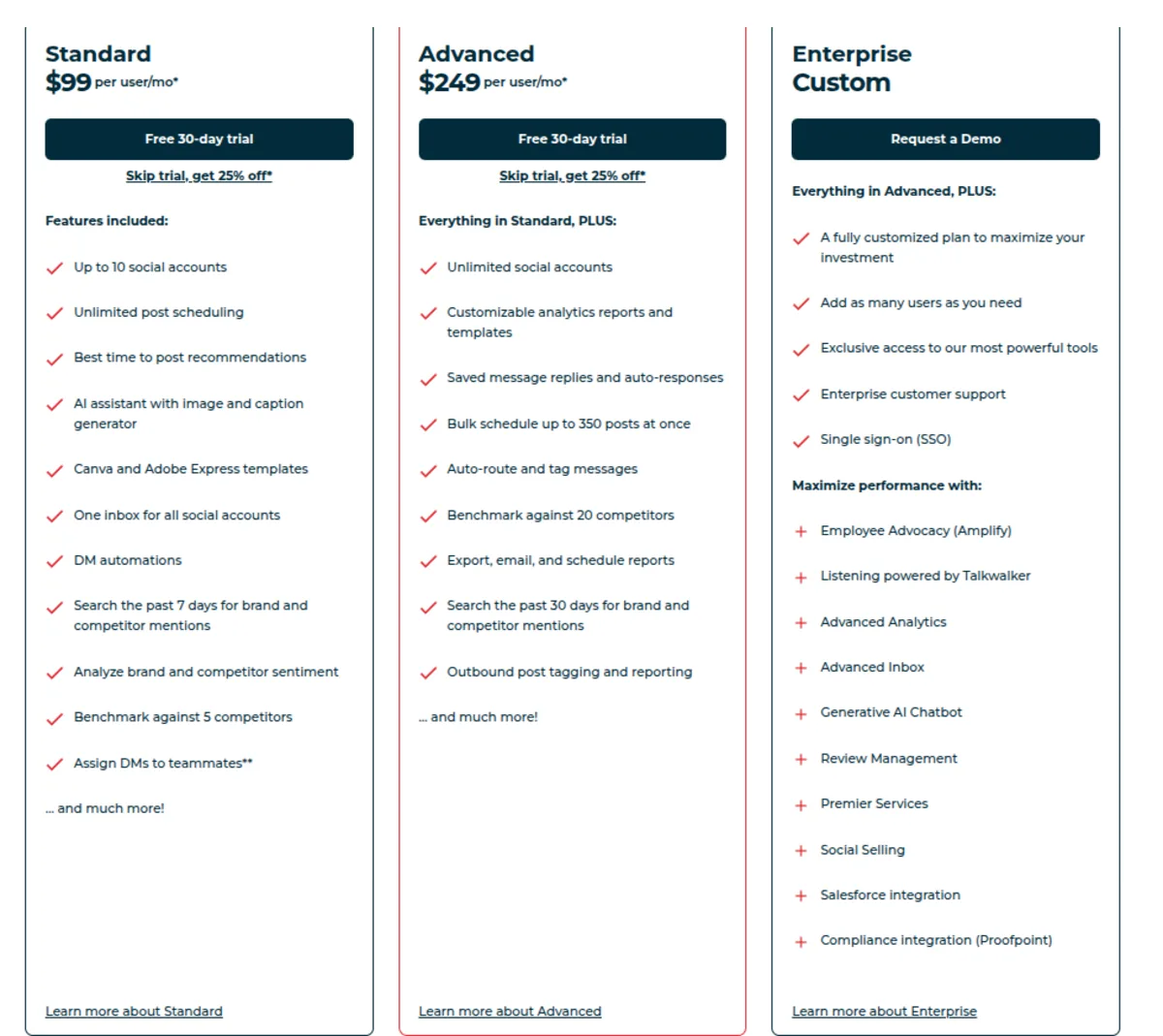 Hootsuite plan cards showing Standard, Advanced, and Enterprise