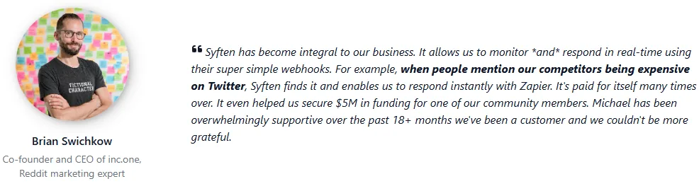 Brian Swichkow testimonial about Syften