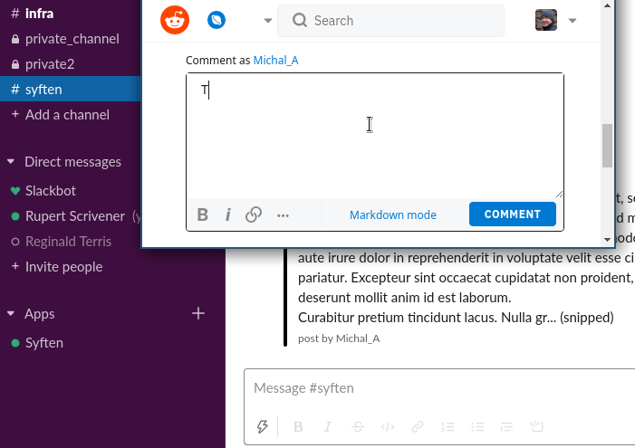Syften alert shown in Slack with a reply box