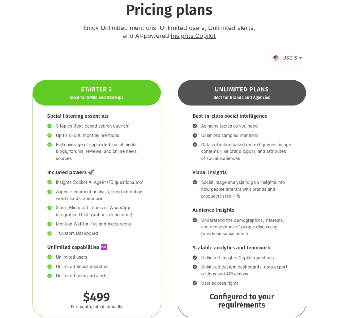 YouScan pricing page showing Starter 3 and Unlimited Plans