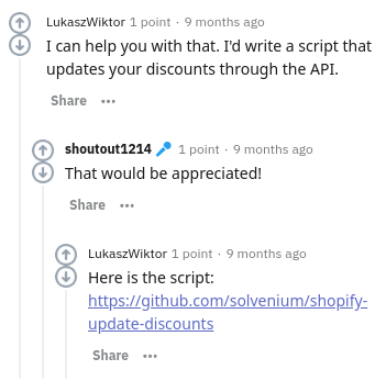 Reddit reply linking to a script for updating Shopify discounts