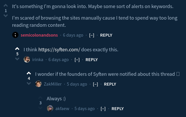 Hacker News comment mentioning Syften