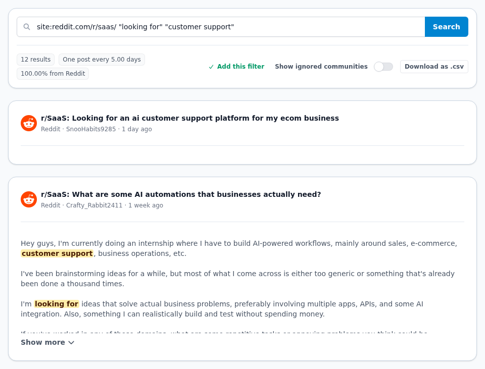 Syften archive preview restricted to r/SaaS, showing a customer support software request and an automation research question that still needs relevance review