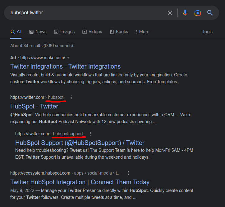Google search results showing HubSpot's official X accounts