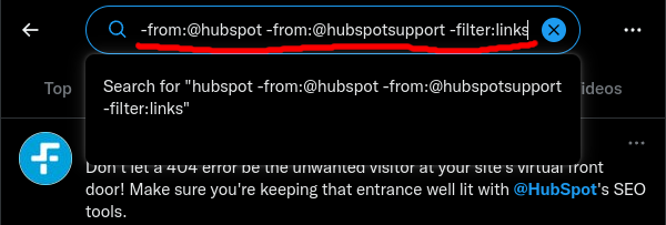 Adding HubSpot account and link exclusions to an x.com search