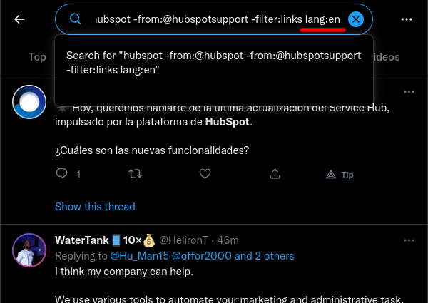 HubSpot Twitter mention search filtered to English-language posts