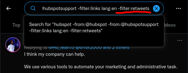 HubSpot Twitter mention search after excluding retweets