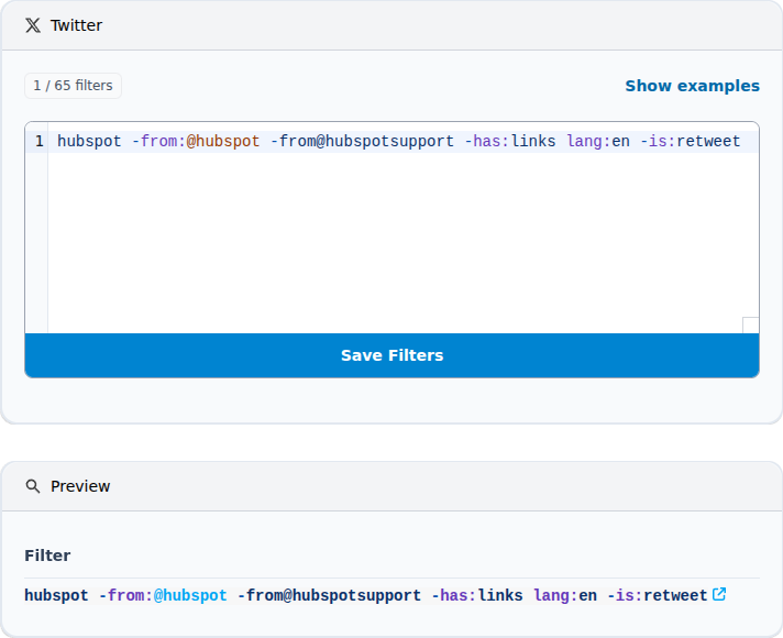 Copying a cleaned Twitter mention query into Syften for automated monitoring