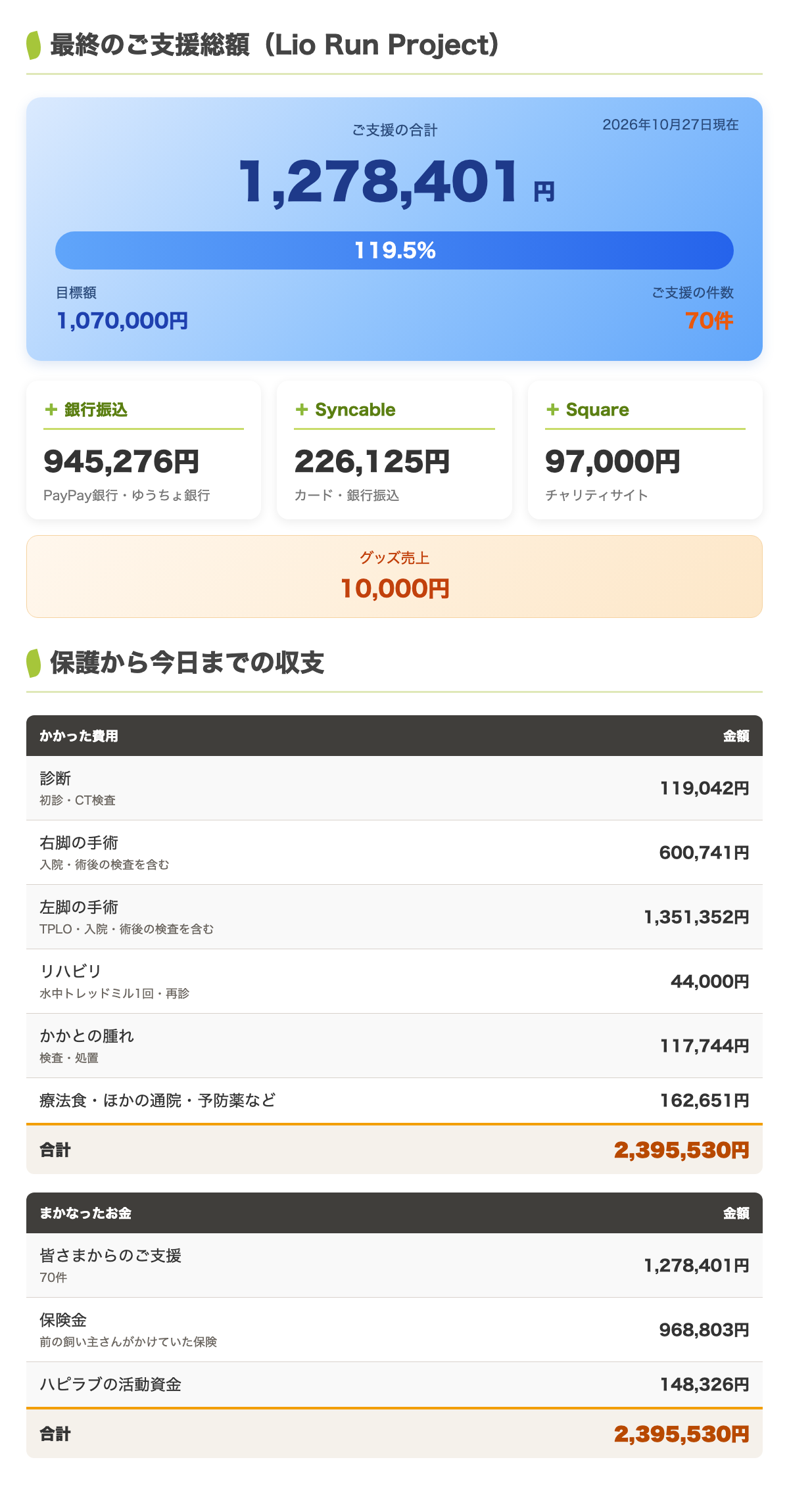 最終のご支援総額と、保護から今日までの収支