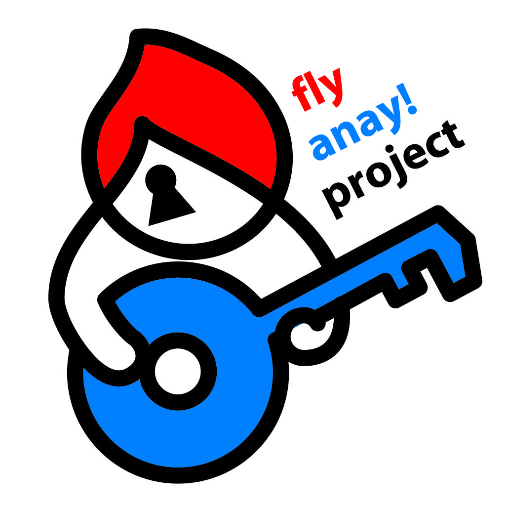 Fly Anay! Projectのロゴ。鍵の形をした青いギターを、赤い頭で、目の形が鍵穴のマスコットがひいている様子。