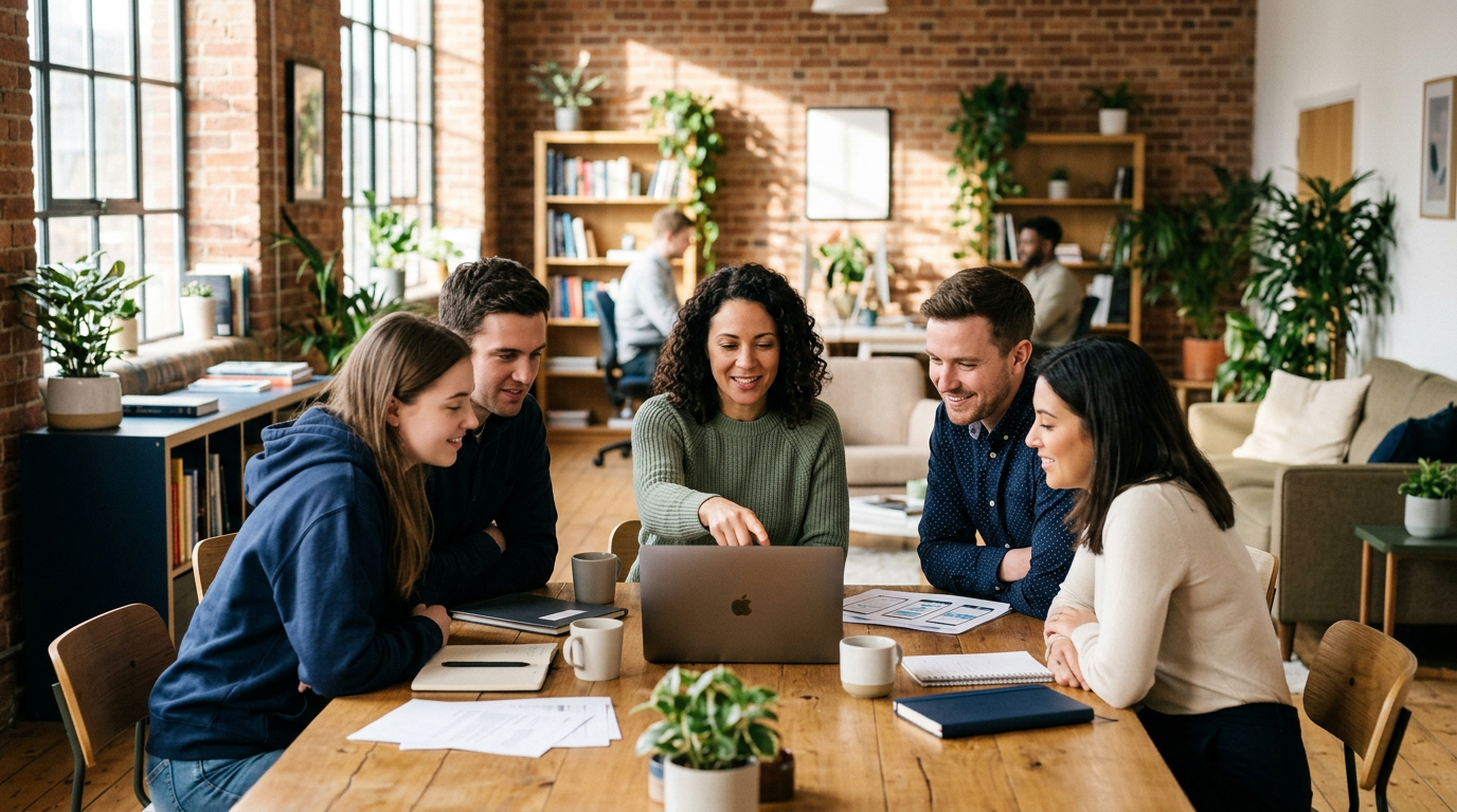 A founder and her team around a laptop