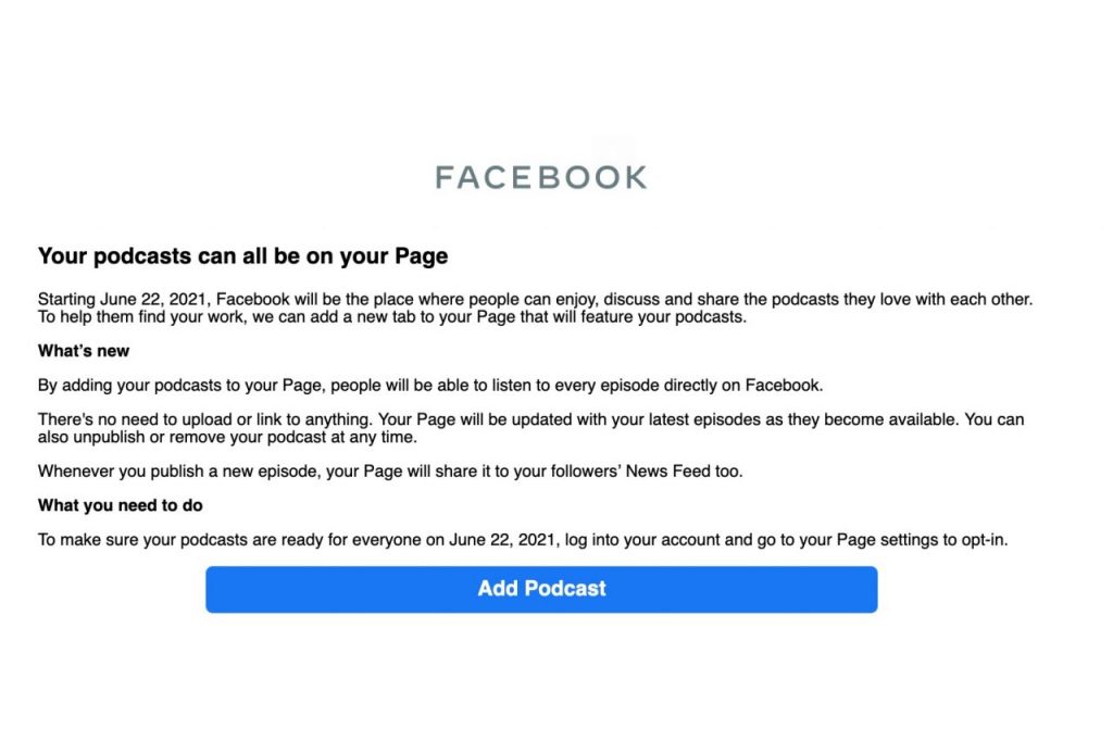 Exerpt from email sent by Facebook regarding podcast feature update on Pages.