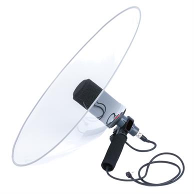 Pro-X V2 foldable dish by Telinga, to demonstrate a parabolic microphone set-up.