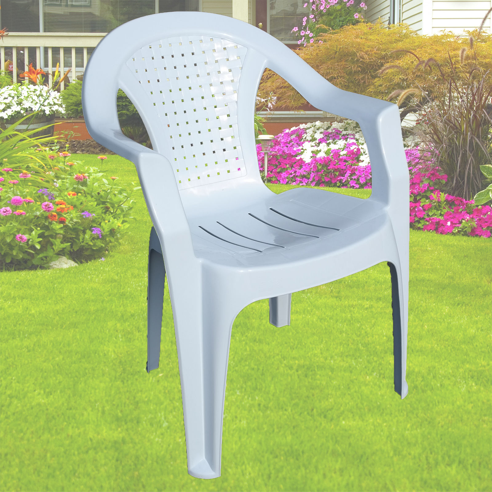 INDOOR OUTDOOR PLASTIC CHAIRS GARDEN PATIO STACKING STRONG ARMCHAIR