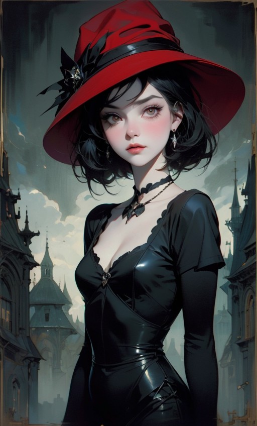 A painting of a woman with a red hat and black dress — Yodayo