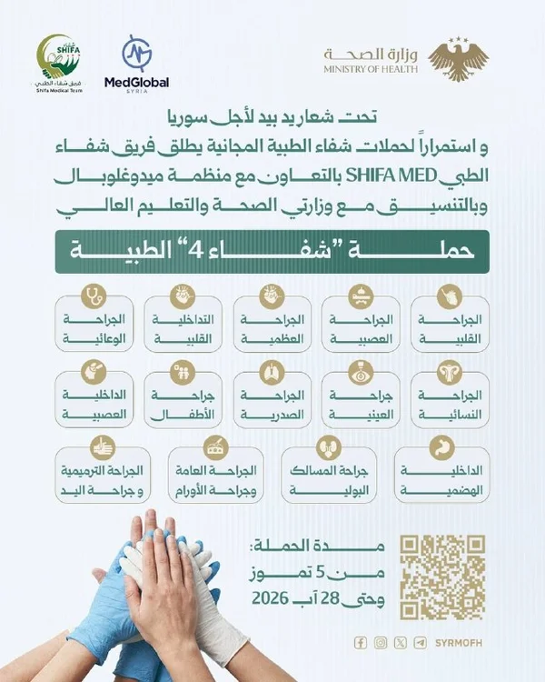 وزارة الصحة السورية تطلق حملة شفاء 4 للخدمات الطبية