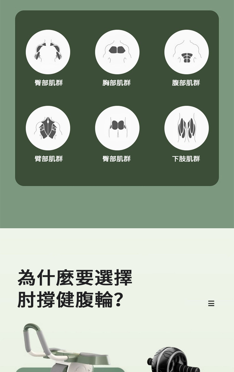 臀部肌群胸部肌群腹部肌群臂部肌群臀部肌群為什麼要選擇肘撐健腹輪?下肢肌群