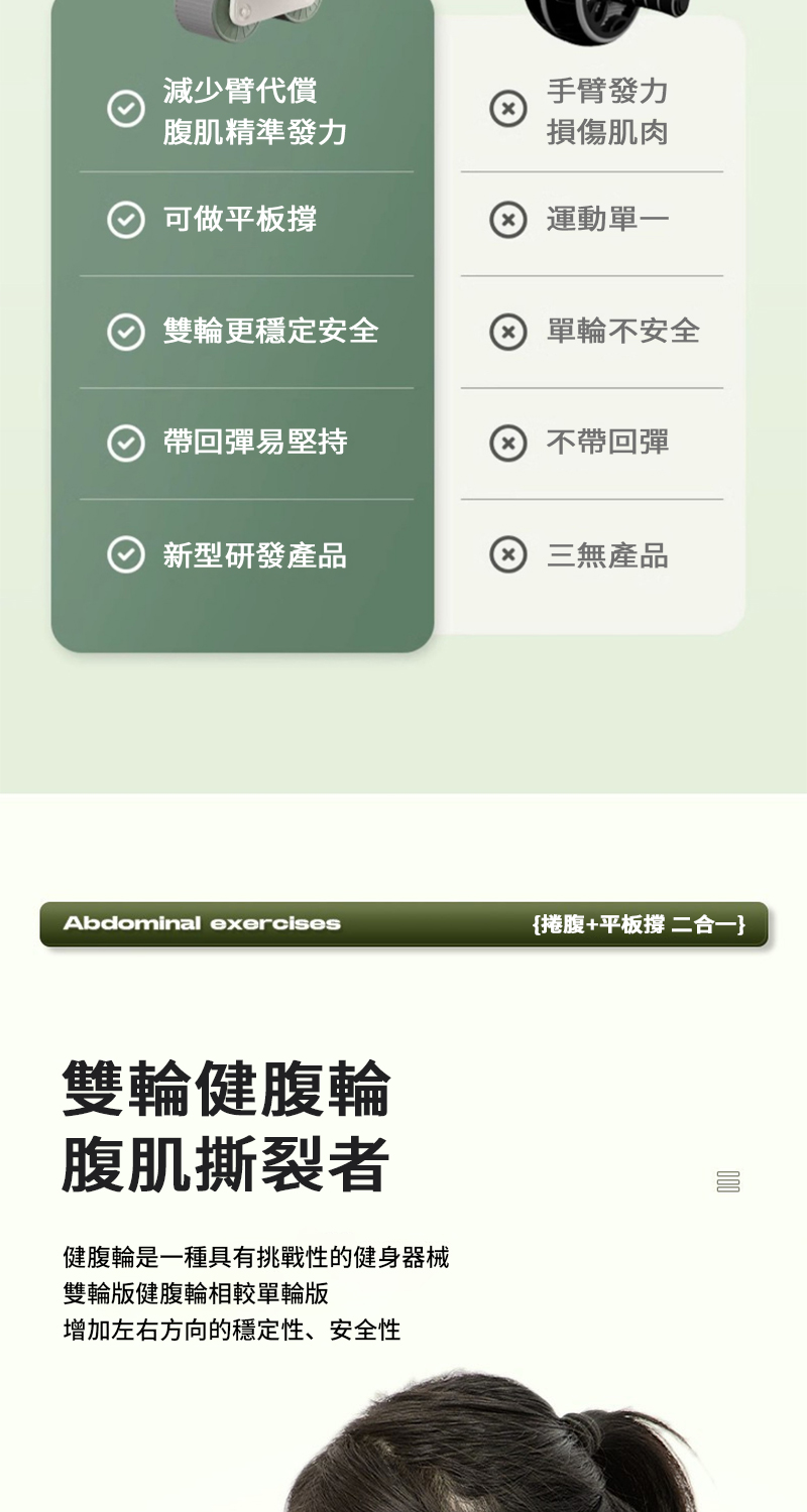 減少臂代償手臂發力腹肌精準發力損傷肌肉可做平板撐運動單一雙輪更穩定安全單輪不安全帶回彈易堅持 不帶回彈新型研發產品 三無產品Abdominal exercises{捲腹+平板撐 二合一雙輪健腹輪腹肌撕裂者健腹輪是一種具有挑戰性的健身器械雙輪健腹輪相較單輪版增加左右方向的穩定性、安全性