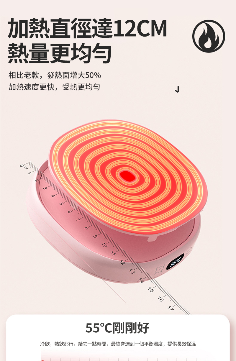 加熱直徑達12熱量更均匀相比老款,發熱面增大5%加熱速度更快,受熱更均勻0 CM8610 11 12 13 14 15 16 1755剛剛好冷飲,熱飲都行,給它一點時間,最終會達到一個平衡溫度,提供長效保溫