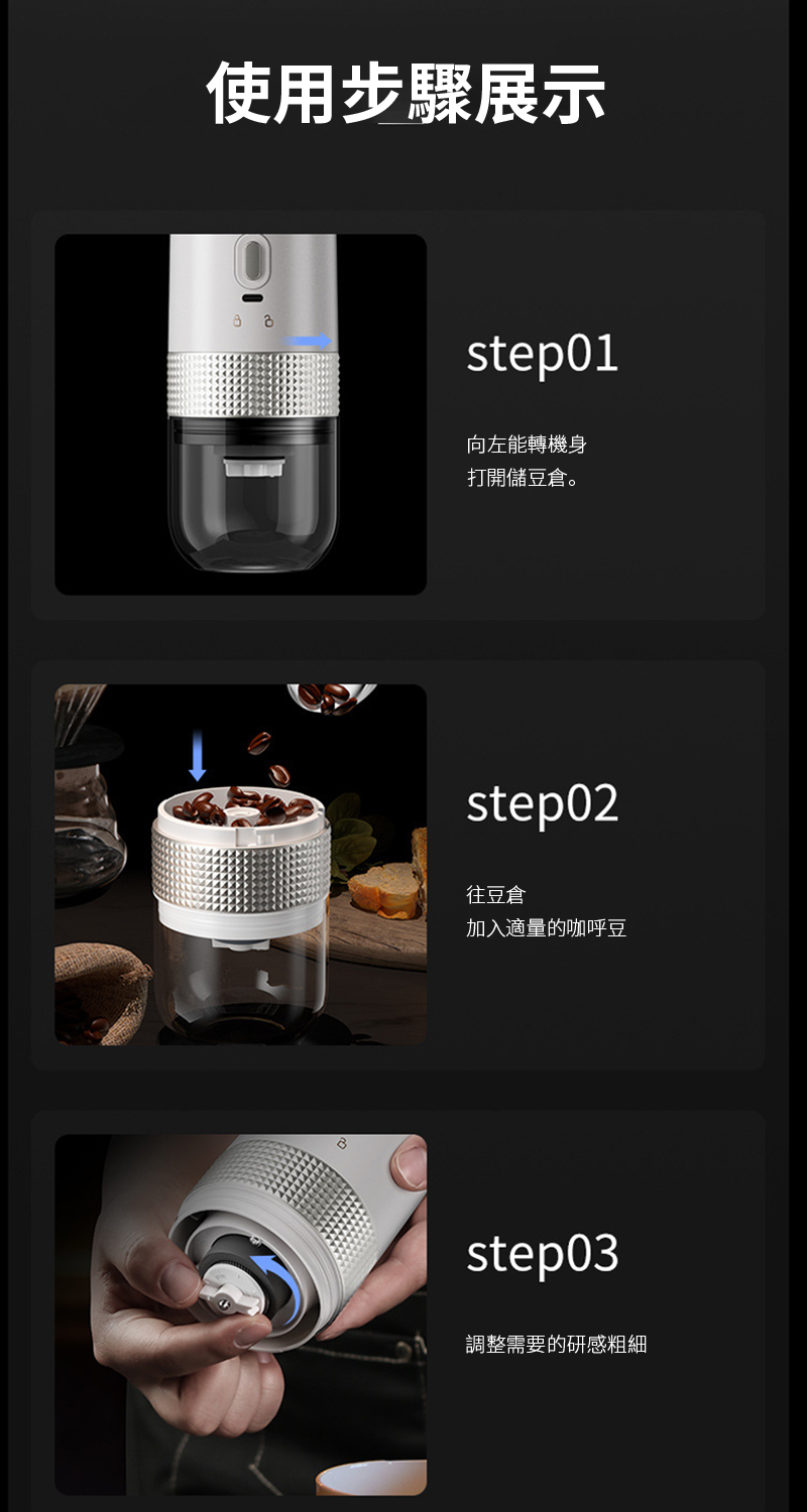 使用步驟展示step01向左能轉機身打開儲豆倉。step02往豆倉加入適量的咖呼豆step03調整需要的研感粗細