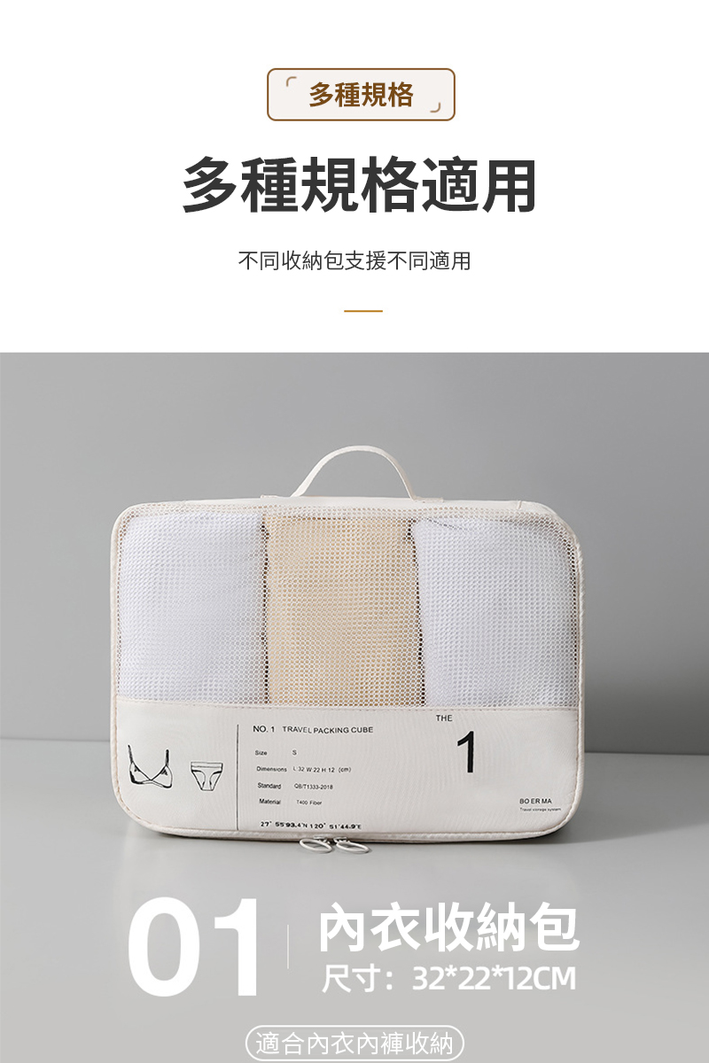 多種規格多種規格適用不同收納包支援不同適用NO.1 TRAVEL PACKING CUBE    12   120 THE1 ER MA01內衣收納包尺寸:32*22*12CM(適合內衣內褲收納)