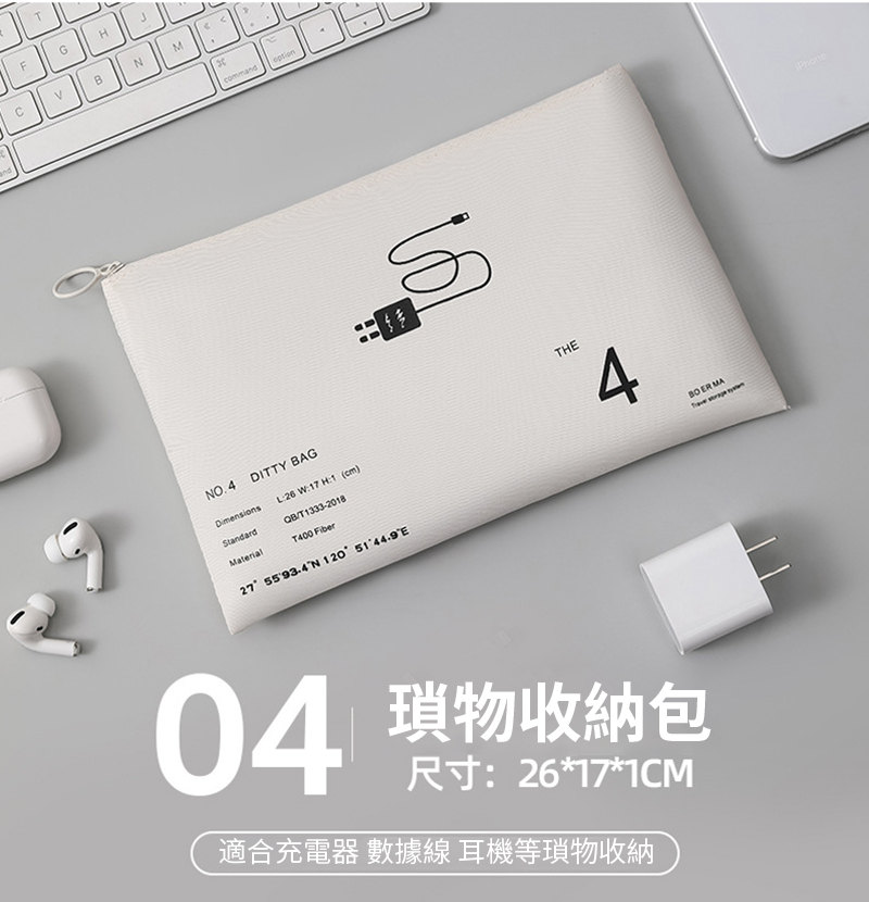 FGHcommandL26 W17 H1 (cm)NO.4DITTY BAGDimensionsStandardMaterialT1333-2018T400 Fiber27 55'93.4N 120 THE4 ER MA04物收納包 26171CM適合充電器 數據線 耳機等物收納Phone