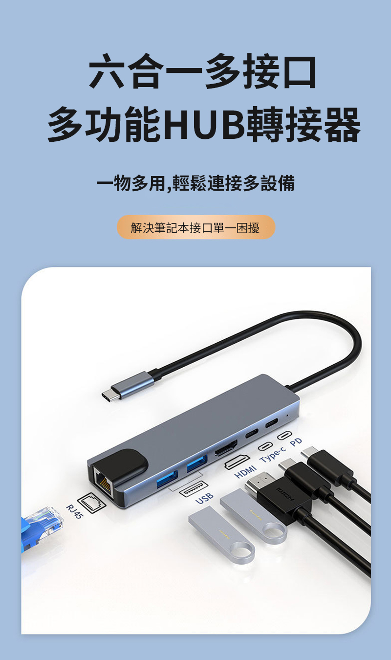 六合一多接口多功能HUB轉接器一物多用,輕鬆連接多設備解決筆記本接口單一困擾RJ45USBHDMI Type- PD
