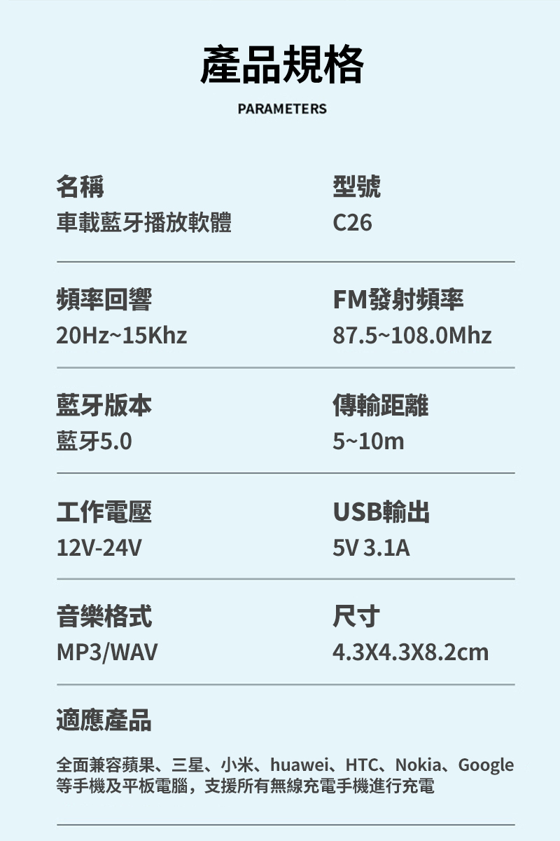 產品規格PARAMETERS名稱車載藍牙播放軟體頻率回響20Hz~15Khz藍牙版本藍牙5.0工作電壓12V-24V型號C26FM發射頻率87.5~108.0Mhz傳輸距離5~10mUSB輸出5V 3.1A音樂格式尺寸MP3/WAV4.3X4.3X8.2cm適應產品全面兼容蘋果三星、小米、huawei、HTC、Nokia、Google等手機及平板電腦,支援所有無線充電手機進行充電