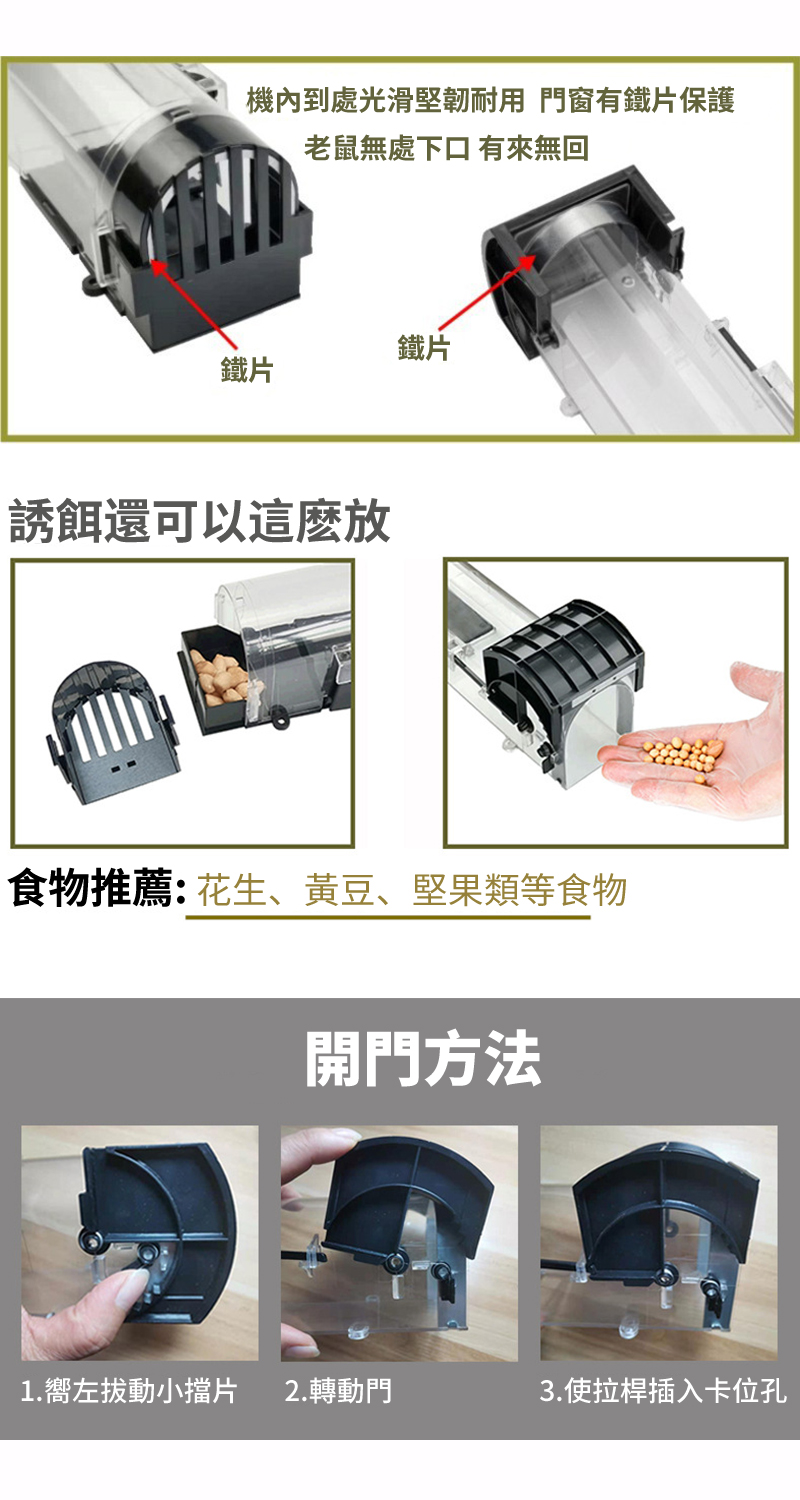 機內到處光滑堅韌耐用 門窗有鐵片保護老鼠無處下口 有來無回鐵片鐵片誘餌還可以這麼放食物推薦:花生、黃豆、堅果類等食物開門方法1.嚮左拔動小擋片 2.轉動門3.使拉桿插入卡位孔