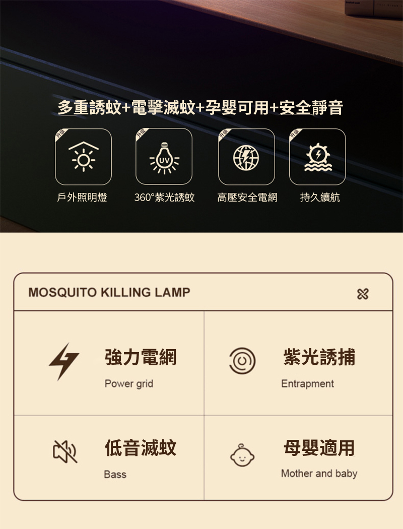 多重誘蚊+電擊滅蚊+孕嬰可用+安全靜音戶外照明燈360&deg;紫光誘蚊 高壓安全電網持久續航MOSQUITO KILLING LAMP 強力電網Power grid紫光誘捕Entrapment 低音滅蚊適用Mother and baby