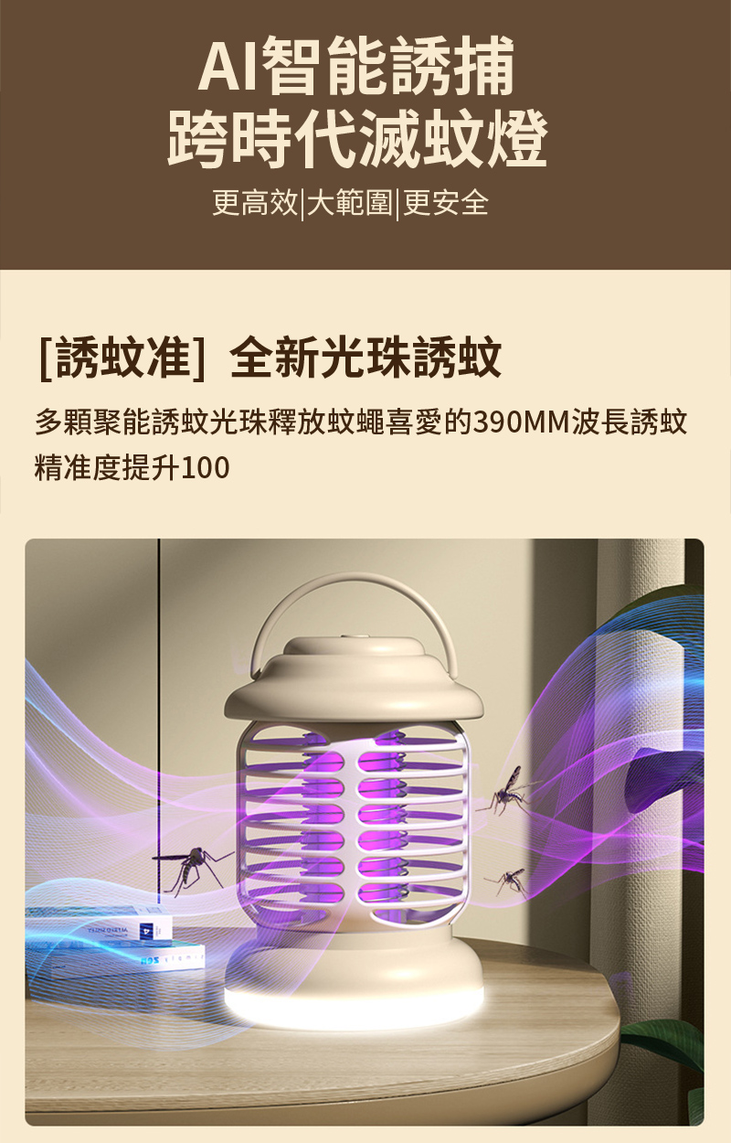 AI智能誘捕跨時代滅蚊燈更高效|大範圍|更安全誘蚊准]全新光珠誘蚊多顆聚能誘蚊光珠釋放蚊蠅喜愛的390MM波長誘蚊精准度提升100