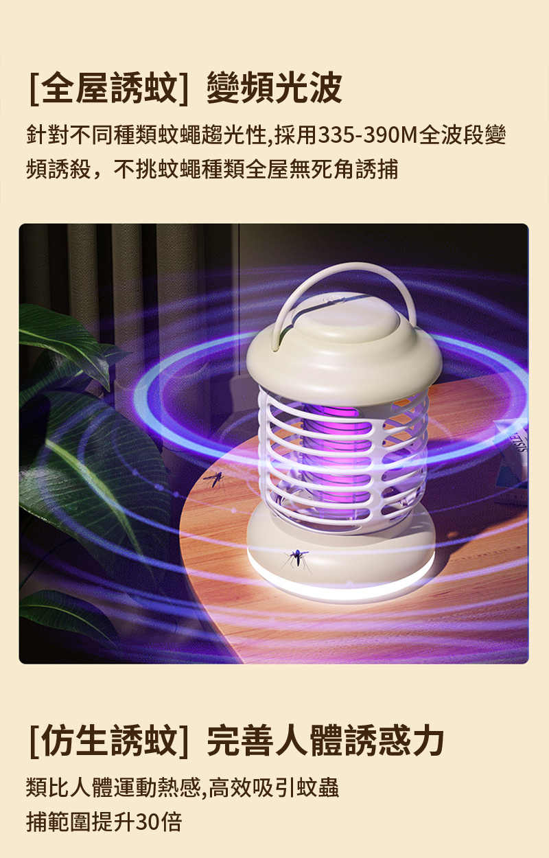 [全屋誘蚊變頻光波針對不同種類蚊蠅趨光性,採用335-390M全波段變頻誘殺,不挑蚊蠅種類全屋無死角誘捕[誘蚊]完善人體誘惑類比人體運動熱感,高效吸引蚊蟲捕範圍提升30倍