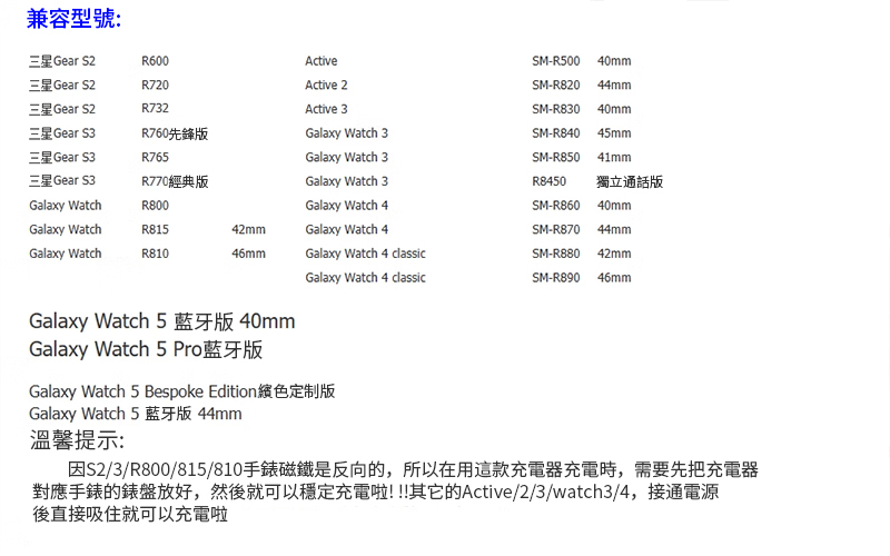 兼容型號:三星Gear S2R600ActiveSM-R500 40mm三星Gear S2三星Gear S2R720R732Active 2SM-R820 44mmActive 3SM-R830 40mm三星Gear S3R760先鋒版Galaxy Watch 3SM-R840 45mm三星Gear S3R765Galaxy Watch 3SM-R850 41mm三星Gear S3R770經典版Galaxy Watch 3R8450 獨立通話版Galaxy WatchR800Galaxy Watch 4SM-R860 40mmGalaxy WatchR81542mmGalaxy Watch 4SM-R870 44mmGalaxy WatchR81046mmGalaxy Watch 4 classicSM-R880 42mmGalaxy Watch 4 classicSM-R890 46mmGalaxy Watch 540mmGalaxy Watch 5 Galaxy Watch 5 Bespoke EditionGalaxy Watch 5 藍牙版 44mm溫馨提示:因S2/3/R800/815/810手錶磁鐵是反向的,所以在用這款充電器充電時,需要先把充電器對應手錶的錶盤放好,然後就可以穩定充電啦!!!其它的Active/2/3/watch3/4,接通電源後直接吸住就可以充電啦