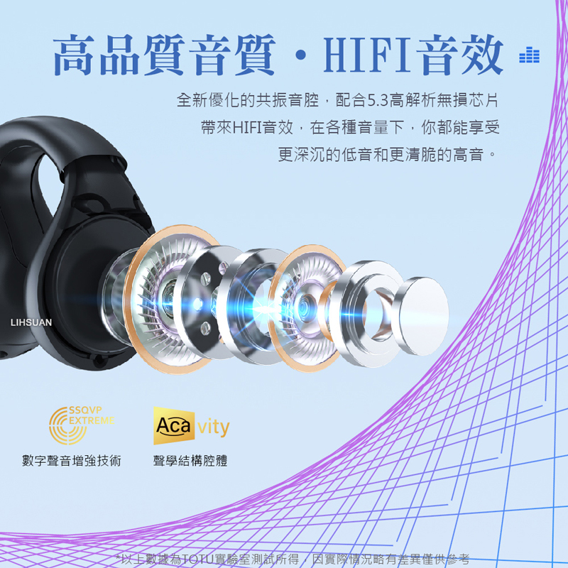 LIHSUAN高品質音質・HIFI音效全新優化的共振音腔配合5.3高解析無損芯片帶來HIFI音效,在各種音量下,你都能享受更深沉的低音和更清脆的高音。SSQVPEXTREMEAcavity數字聲音增強技術 聲學結構腔體*以上數據測試所得,實際情況略有差異僅供參考