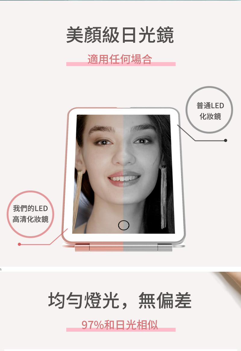我們的LED高清化妝鏡美顏級日光鏡適用任何場合均勻燈光,無偏差97%和日光相似普通LED化妝鏡