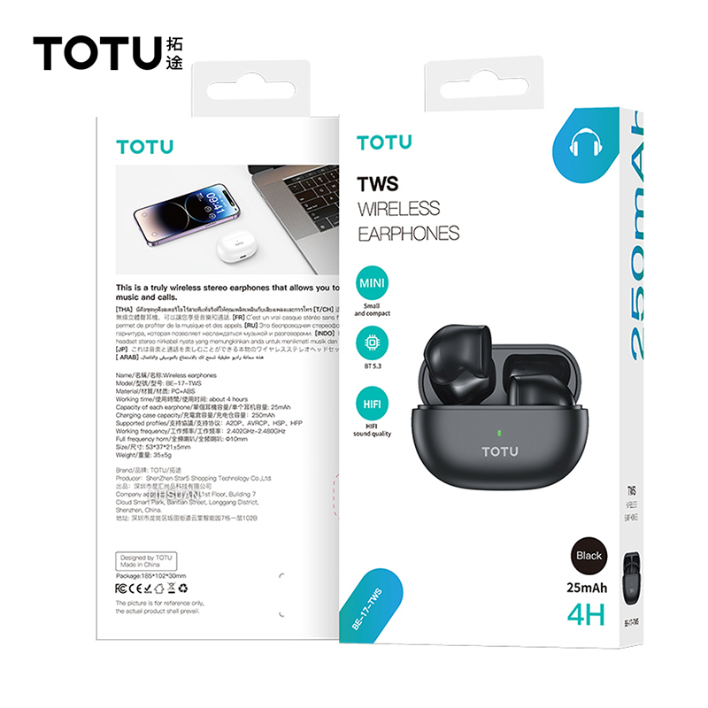 OTU拓途TOTUTWSWRELESSEARPHONESTh is a truly wireless   th allows you tousic and callsTHA T                  гарнтура которая позволяет наслаждаться музыкой и разговорами ( stereo   yang  anda untuk    これはを楽しむことができる本物のワイヤレスステレオヘッドセッهذه  راديو حقيقية تسمح لك بالاستمتاع   ]MNIand compact s1TWS -     of each earphone     AVRCP HSP Workg II -  m Weight 35 TOTU     出品  at   7      , 地址:深圳市龙岗区坂7 by TOTU in Package 185102The  is for  .    HIFI TOTUBE-17-TWSBlack25mAh4H