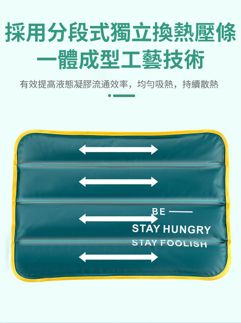 採用分段式獨立換熱壓條一體成型工藝技術有效提高液態凝膠流通效率,均勻吸熱,持續散熱 BESTAY HUNGRYSTAY FOOLISH