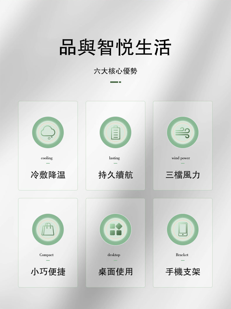 品與智生活六大核心優勢coolinglastingwind power冷敷降温持久續航三檔風力CompactdesktopBracket小巧便捷桌面使用手機支架