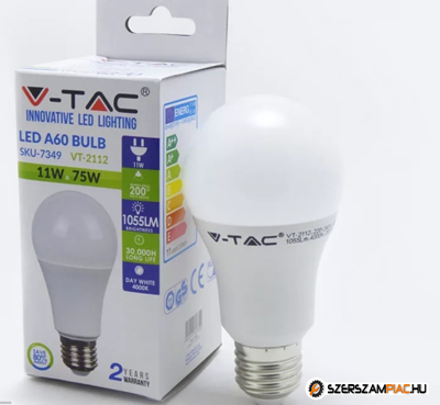 V-TAC 11W LED izzó E27 , meleg fehér, 10db/csomag