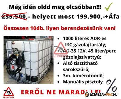 IBC gázolajtartály, ADR-rel 1000 literes + 12V gázolajszivattyú kimérő szett