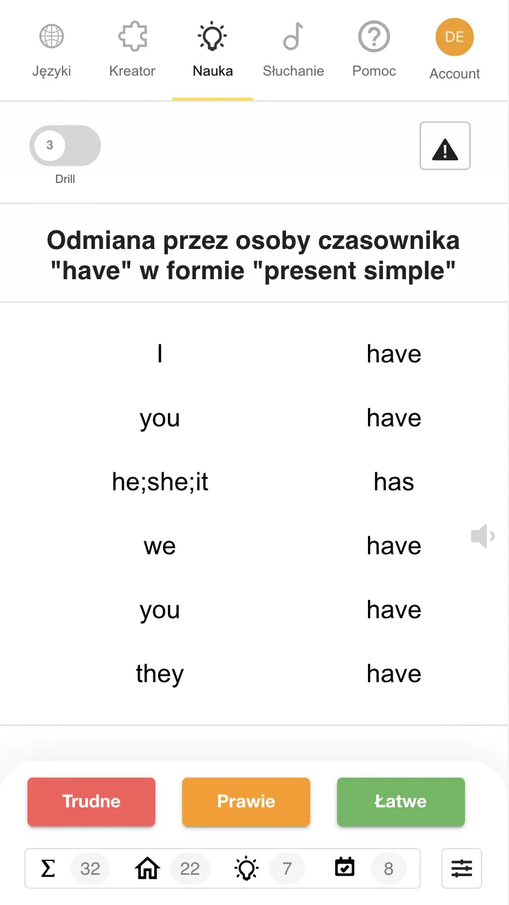 Aplikacja Taalhammer - widok Boarda z komentarzem gramatycznym w trybie nauki