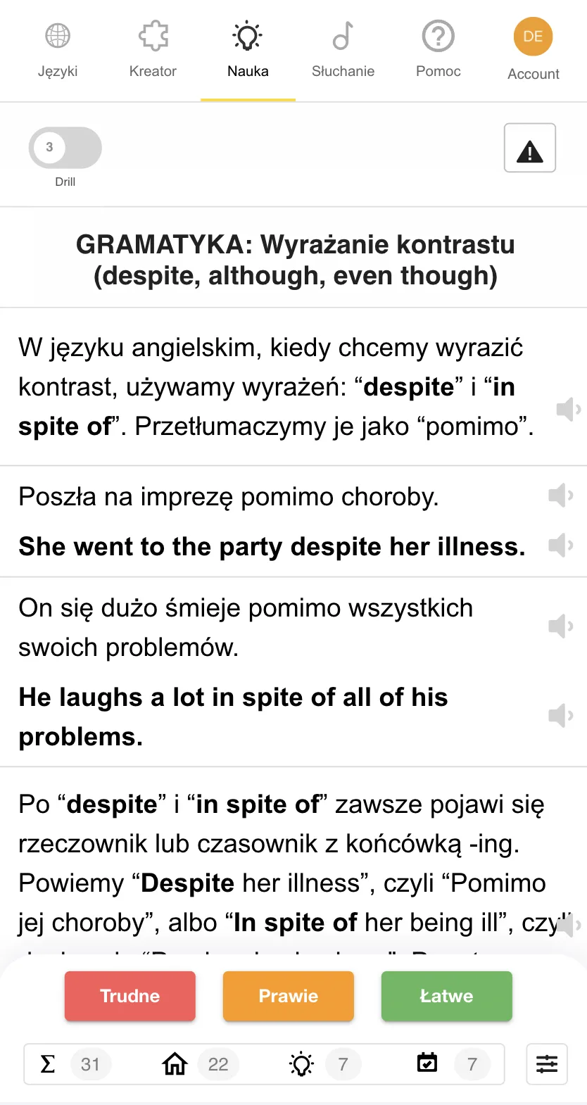 Aplikacja Taalhammer - widok Boarda ze zdaniami w trybie nauki