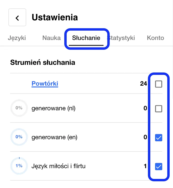 Aplikacja Taalhammer - widok ustawień trybu słuchania podkreślone checkboxy strumienia
