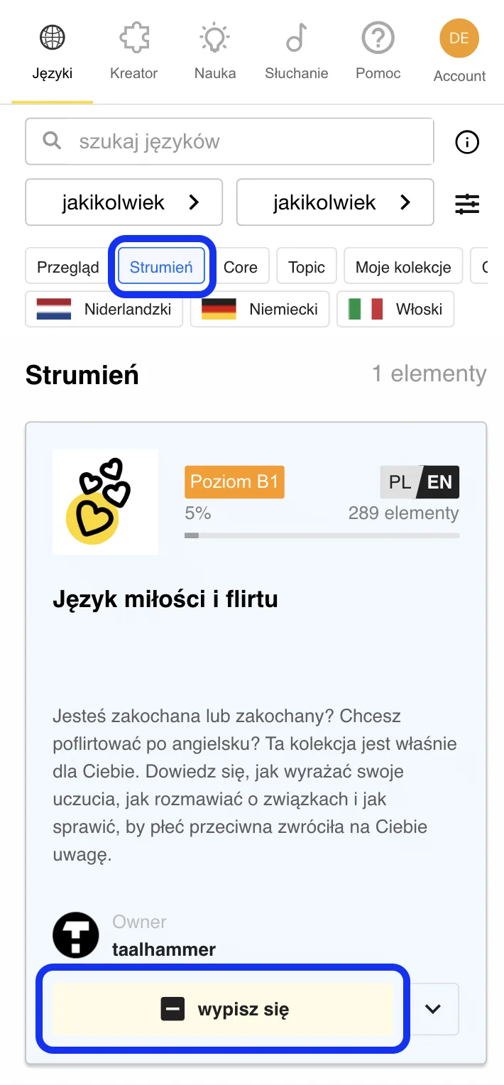 Aplikacja Taalhammer - widok zapisywania się do kolekcji