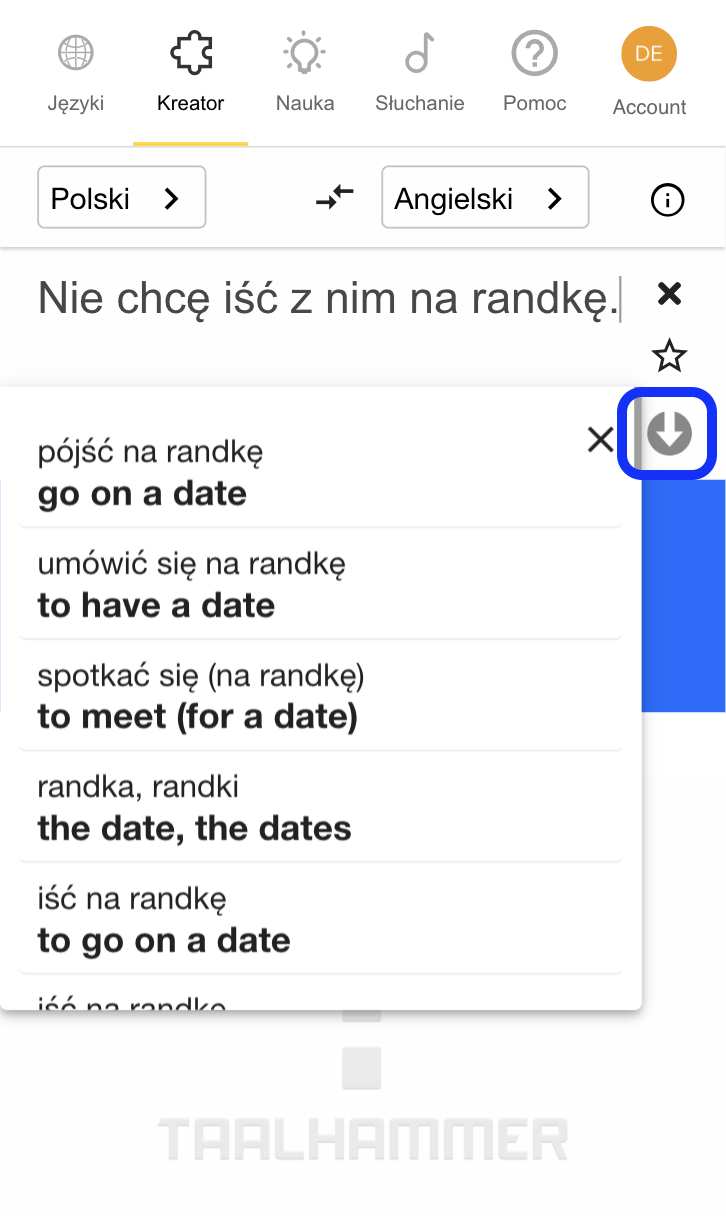 Aplikacja Taalhammer - widok wyszukiwania na urządzeniu mobilnym