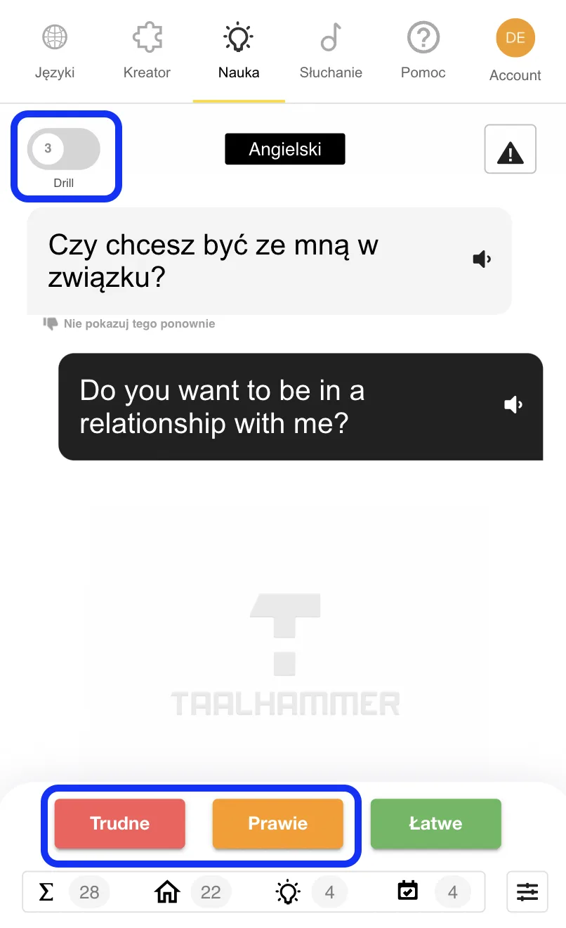 Aplikacja Taalhammer - Drill i przyciski oceny zaznaczone