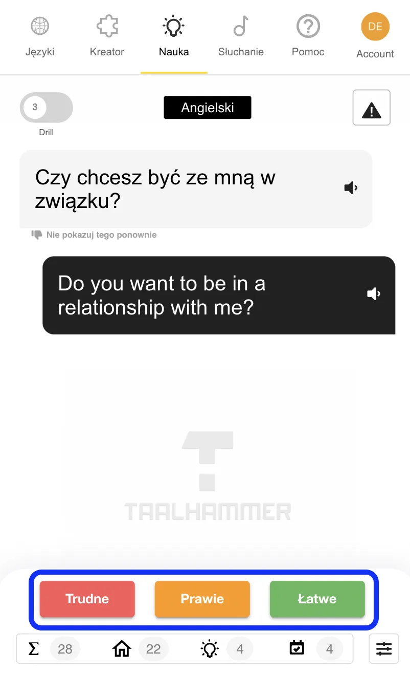 Aplikacja Taalhammer - widok trybu nauki - podkreślone przyciski oceny