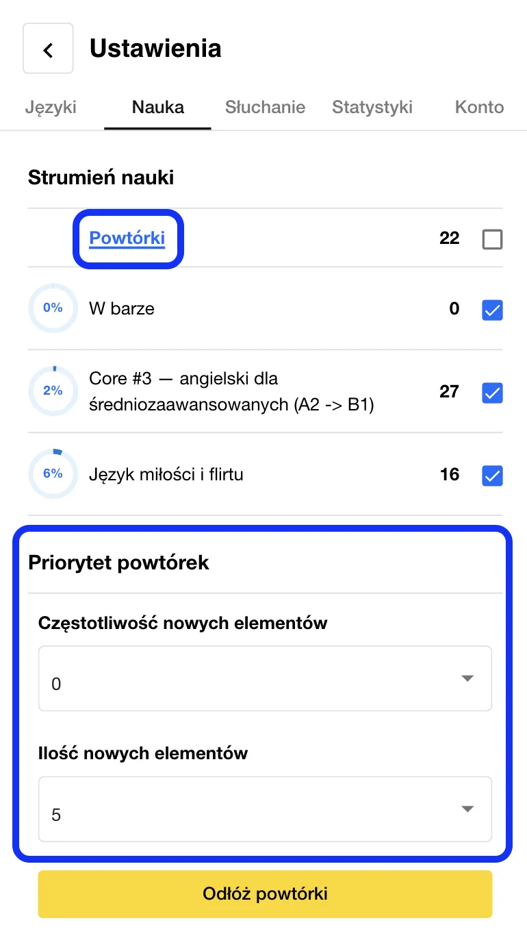 Ustawienia trybu nauki w aplikacji Taalhammer